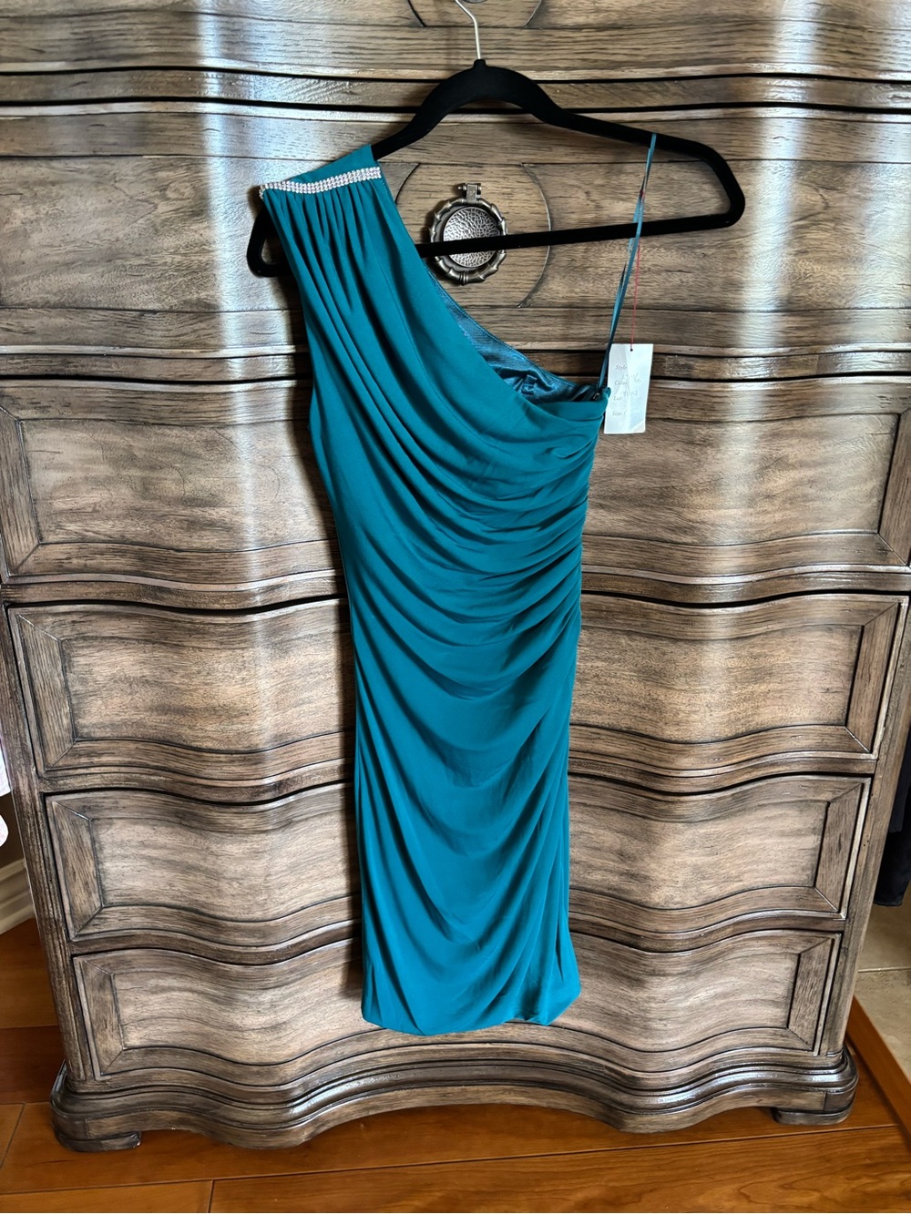 Teal One-Shoulder Ruched Dress with Embellished Strap (missing strap)